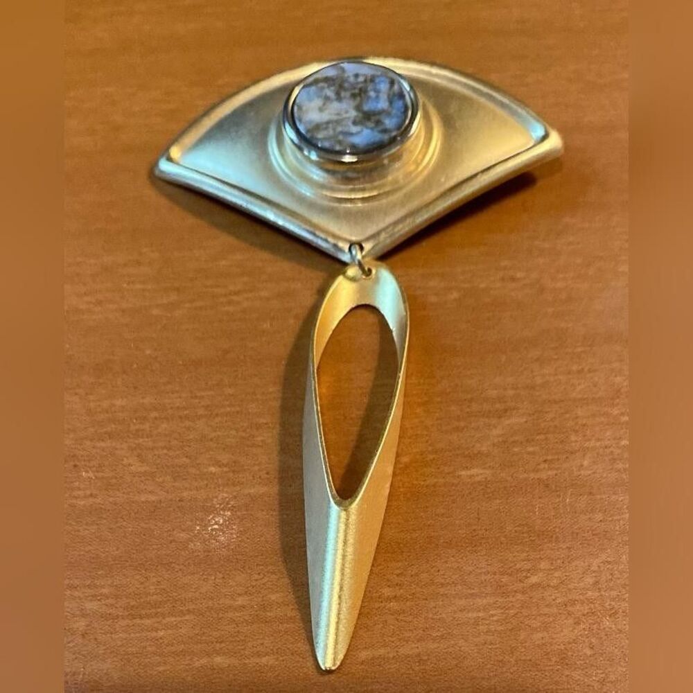 Gold Tone Blue Stone Abstract Eye Brooch Pin Dangle Modernist 3 Inch Jewelry